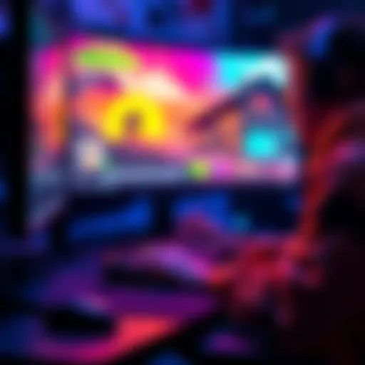 Game developer typing a DevLog update on a computer while looking at a screen showing game visuals