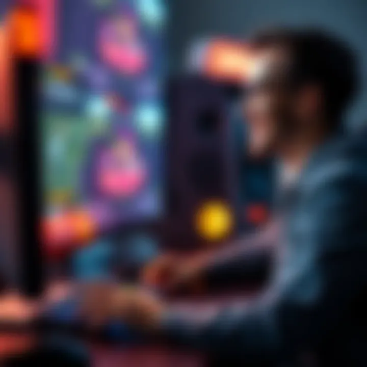 A game developer smiling while testing a fun gameplay feature on their computer screen, losing track of time as they play.