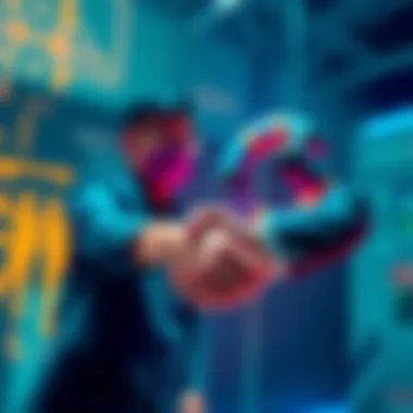 A developer shaking hands with an OpenAI representative, symbolizing collaboration amidst legal threats from Anthropic.