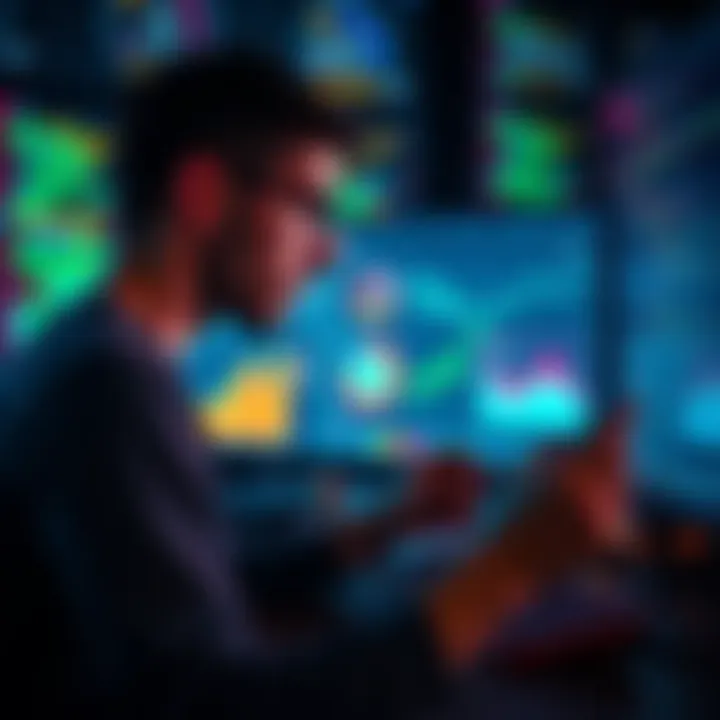 A developer reviewing a digital dashboard displaying project metrics and progress indicators, surrounded by code on screens.