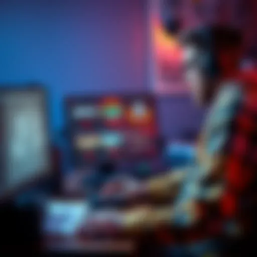 A solo game developer working on a computer, surrounded by game design sketches, inviting community support for his project.