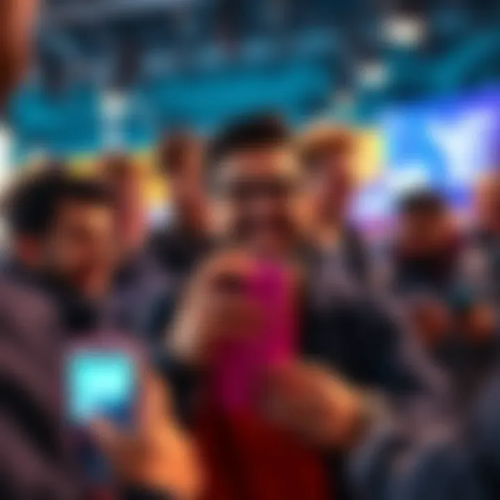 A happy developer showcasing their first iOS app on a smartphone, surrounded by testers engaging with the app.