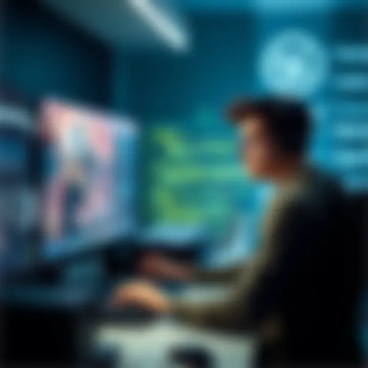 A game developer working on Unreal Engine with a focused expression, surrounded by game art and code on screen.