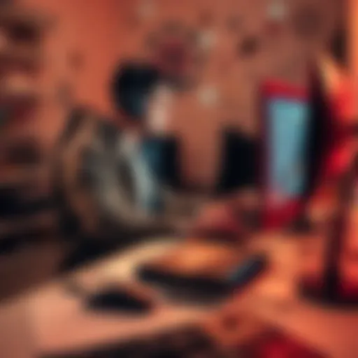 A game developer focused on coding at a desk with a computer, surrounded by game design notes and sketches, showing determination to improve skills without AI tools.