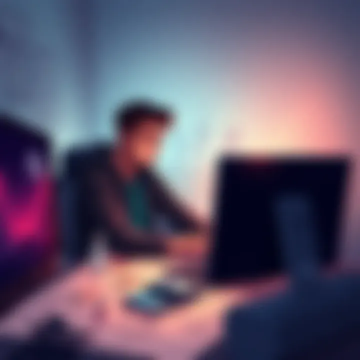 A game developer sits at a desk with a computer, showing frustration over game bugs, surrounded by sketches of characters and game elements.