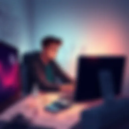 Developer looking frustrated A game developer sits at a desk with a computer, showing frustration over game bugs, surrounded by sketches of characters and game elements.