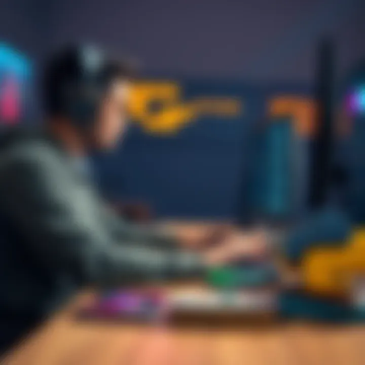 A game developer sitting at a desk with a computer, focusing on code in C++ and game engine interface, with Python books nearby.