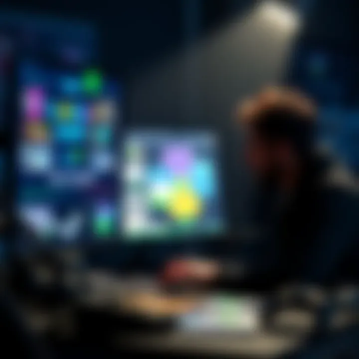 A game developer focused on a computer screen, showcasing clover-themed graphics and marketing materials for a new game launch on Steam.