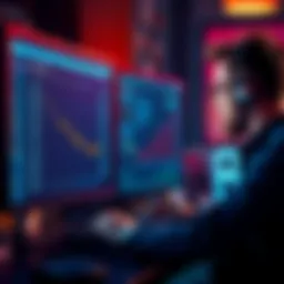 A game developer looking at statistics on a computer screen with a concerned expression, reflecting on the low median playtime of his social deduction game after its launch.