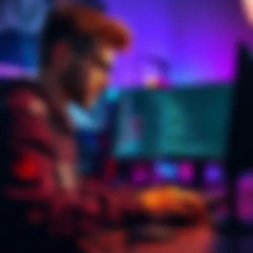 A game developer focused on a computer screen with Godot software open, analyzing code and graphics.
