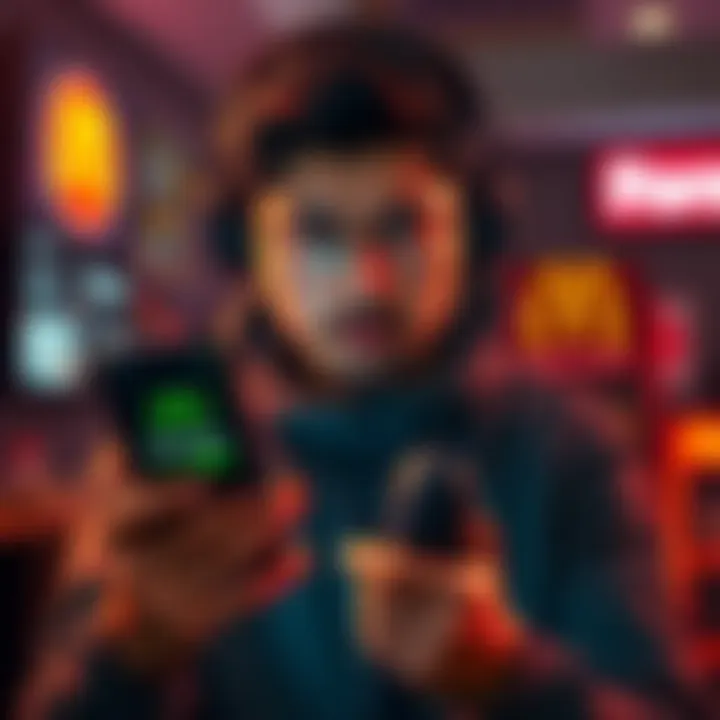 A game developer looking stressed while holding a McDonald's application and a game controller, symbolizing the tough choice between game development and fast food work.