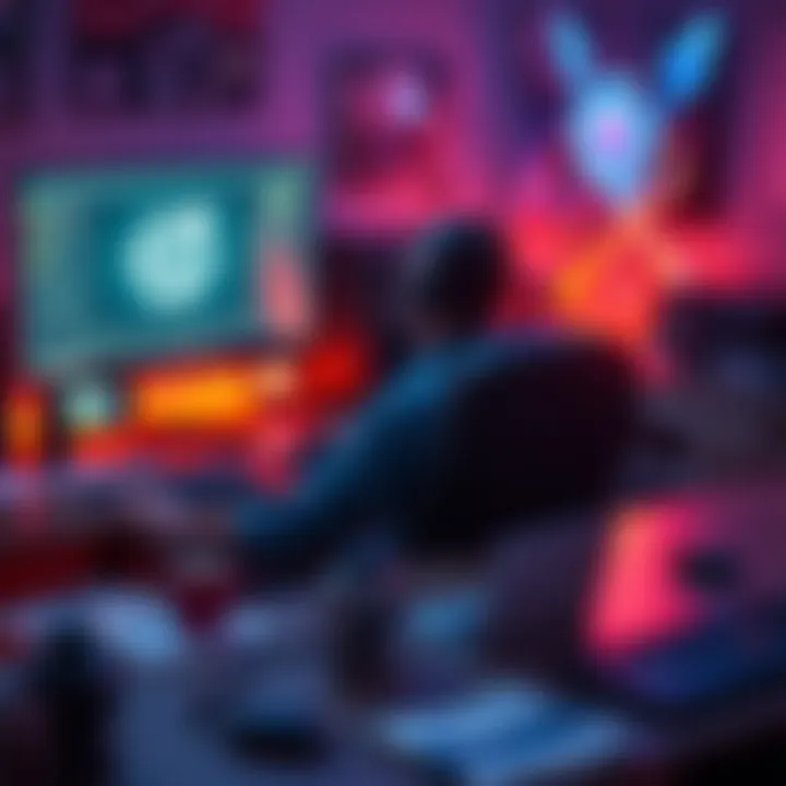 A game developer sits at a desk, focused on a computer screen showing the Godot game engine, surrounded by Unity materials.