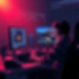 A developer sits at a desk with a computer, coding a real-time strategy game for MS-DOS, Windows, and Linux features on the screen.