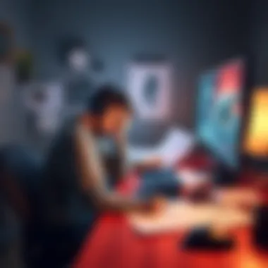 A solo game developer sits at a desk, looking frustrated with 3D models on the computer screen. Papers and design sketches are scattered around, showing the challenges faced in game development.