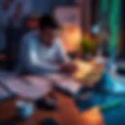 A software developer writing notes on vectors and matrices on a desk with a laptop and notes scattered around