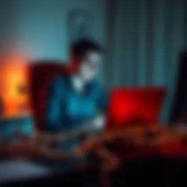 Developer at computer with chain A software developer sitting at a desk, looking frustrated while working on a laptop surrounded by broken chains symbolizing feeling trapped by ongoing projects.