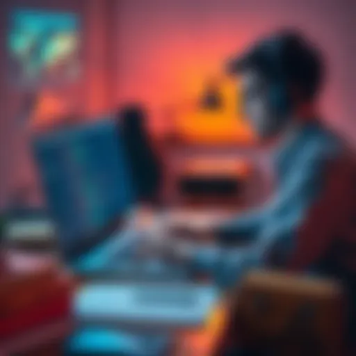 A software developer at a desk, typing code into a laptop with ChatGPT interface on the screen, surrounded by coding books.