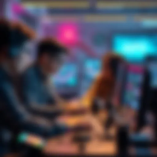 A team of developers collaborating on AI voice and chatbot projects, with computers and automation tools like Make and Vapi in use.
