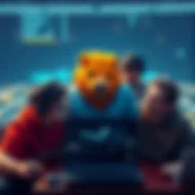 Developers discussing Steam's Capybaras tag Group of game developers brainstorming over a laptop with a Capybara theme