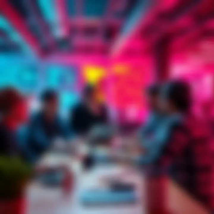 A group of developers expressing concerns about GitHub Copilot's metered billing, gathering around laptops and discussing alternatives in a vibrant tech workspace.