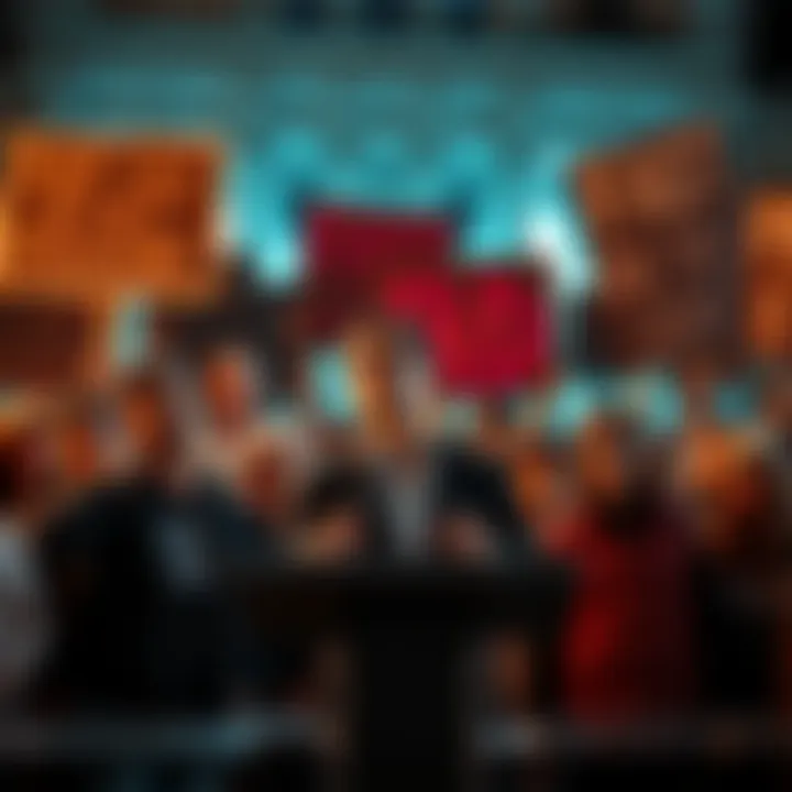 Developers of The First Descendant are shown at a press conference discussing AI ad controversy, with frustrated fans in the background holding signs.