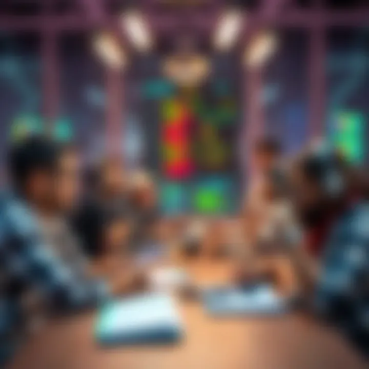 A group of software developers discussing coding ideas at a table with laptops and notepads.