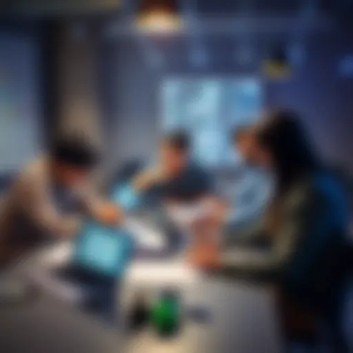 A group of developers discussing ideas around a table with laptops and documents scattered