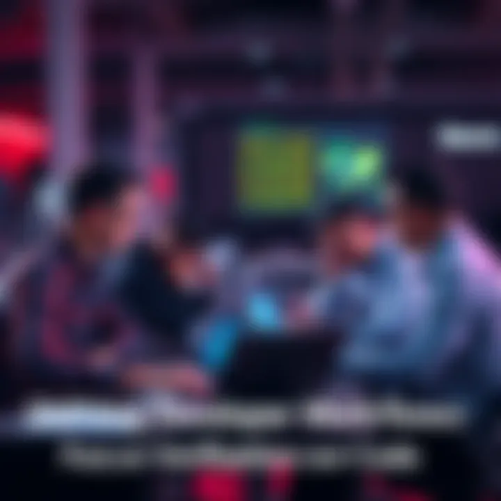 A group of developers working together at a desk, discussing code verification strategies with laptops open and notes around them.