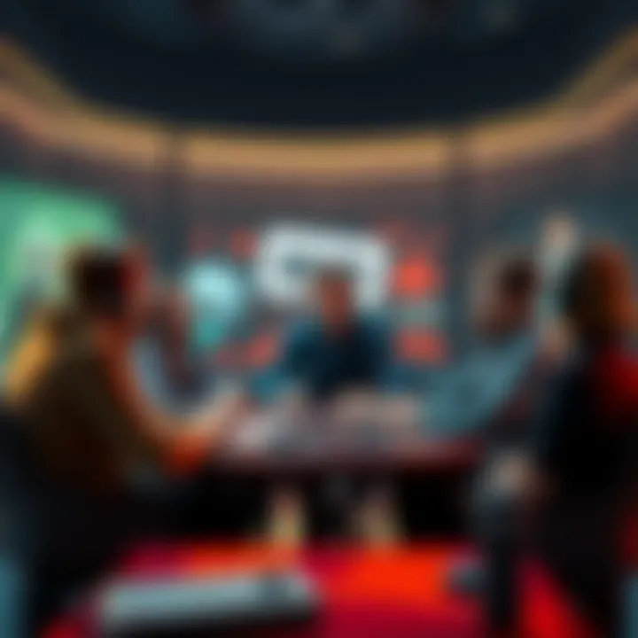 A group of game developers in a meeting, expressing concerns over misleading marketing tactics, with a focus on quality gaming.
