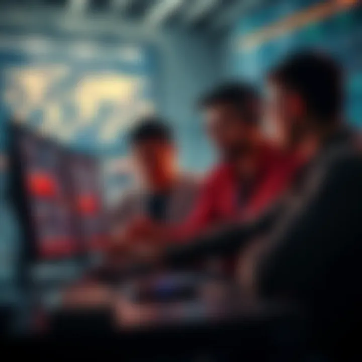 Group of developers discussing plans with a computer showing disruption alerts