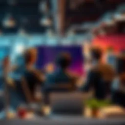 A group of developers discussing code on a screen, highlighting the challenges of traditional code reviews in a busy office space.