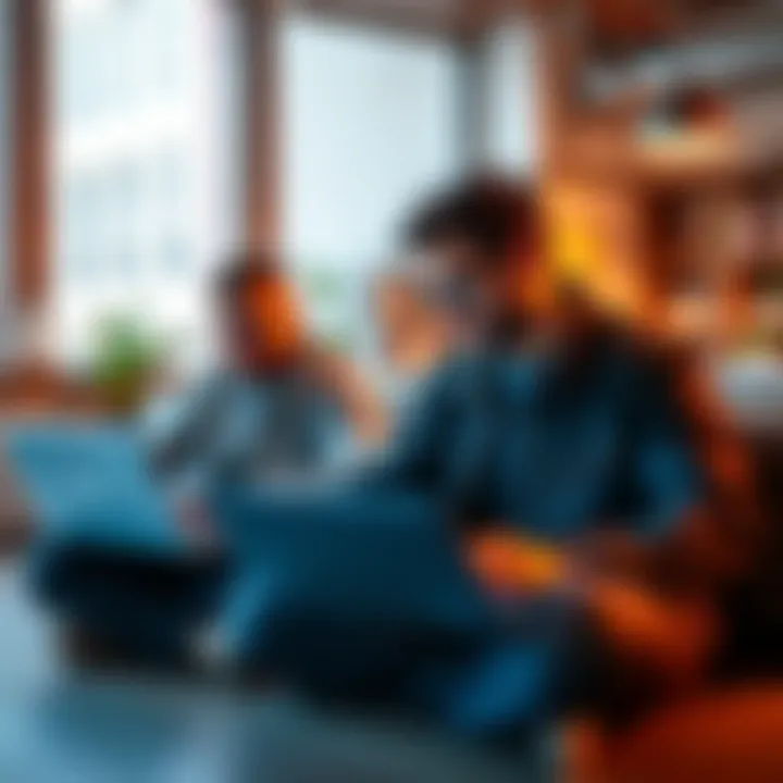 Two developers talking enthusiastically about Rust and coding on laptops in a casual setting.