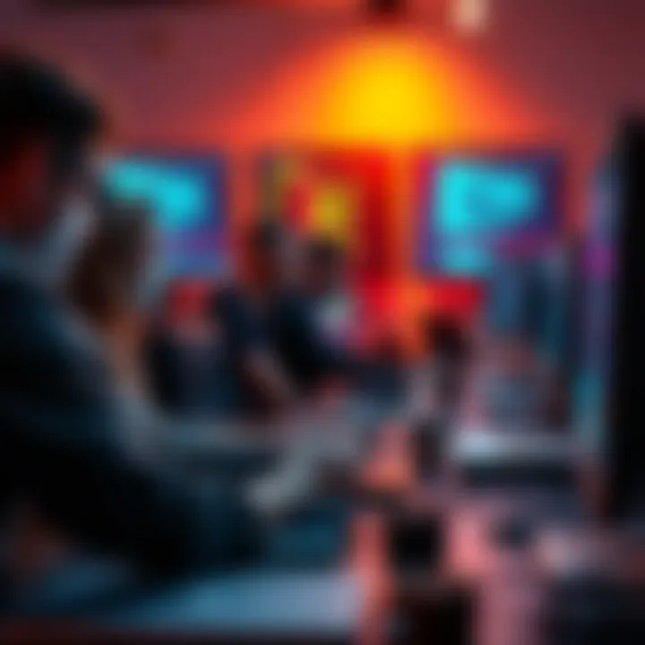 A diverse group of developers collaborating at a table, with computer screens showing code and AI interfaces, focused on problem-solving tasks.