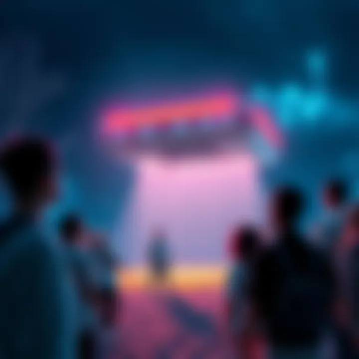 A futuristic device appearing to float above the ground, surrounded by curious people looking up in wonder.