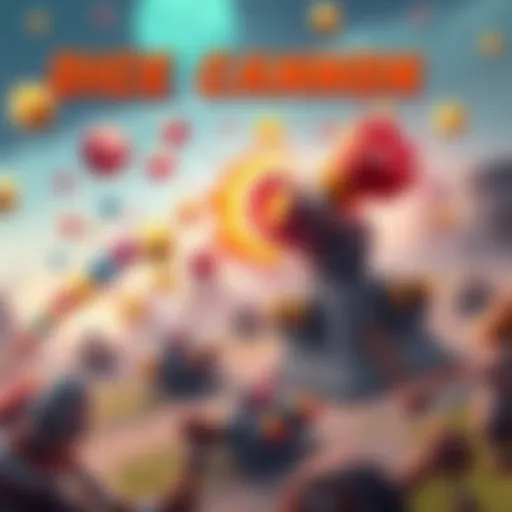 A dynamic scene showing a cannon launching colorful dice into the air, with units spawning at landing sites on a battlefield.