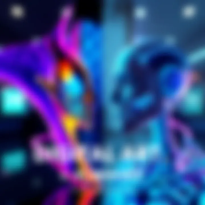 A split image showing a vibrant piece of digital art on one side and a sleek AI-generated image on the other, illustrating the contrast between the two styles.