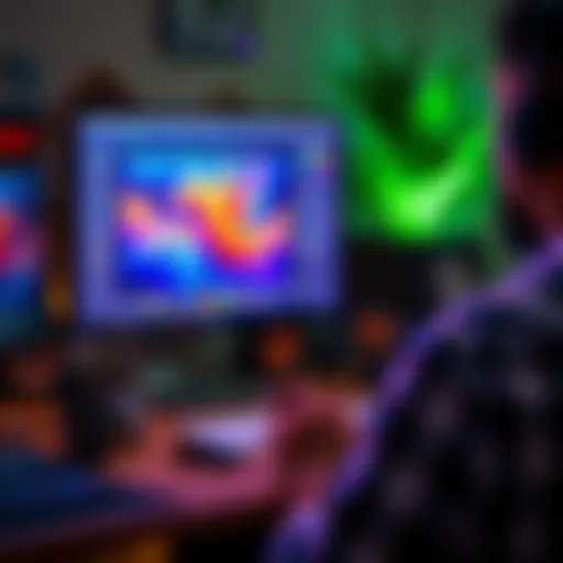 A person using a computer to create digital art with vibrant colors and creative tools on the screen.