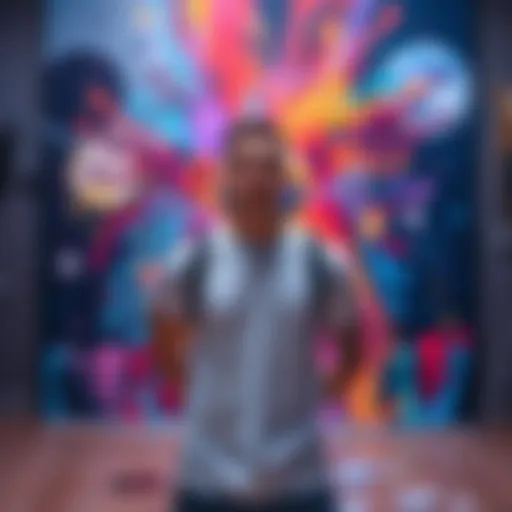 A determined digital artist stands confidently in front of their AI-generated artwork while facing online bullying, symbolizing creativity and resilience.