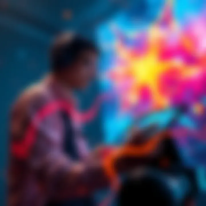 An artist creating vibrant digital art on a tablet, surrounded by colorful abstract designs, showcasing innovation in artistry.
