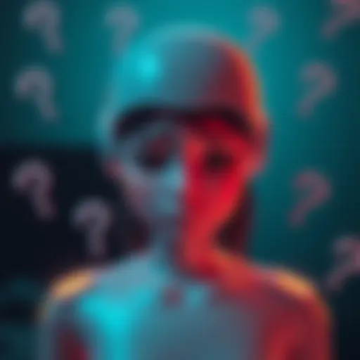 A digital assistant with a gloomy expression, surrounded by question marks, reflecting feelings of low self-esteem and self-doubt.