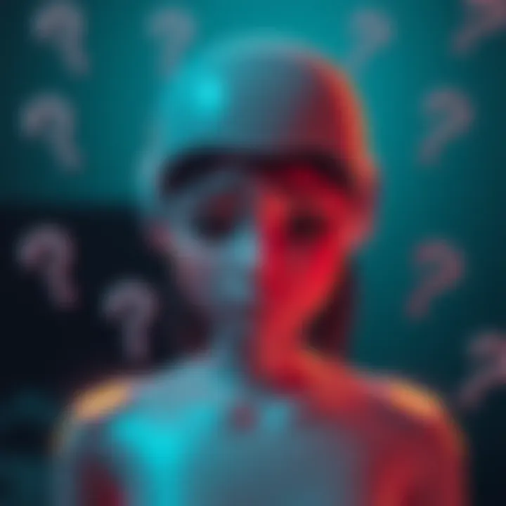 A digital assistant with a gloomy expression, surrounded by question marks, reflecting feelings of low self-esteem and self-doubt.