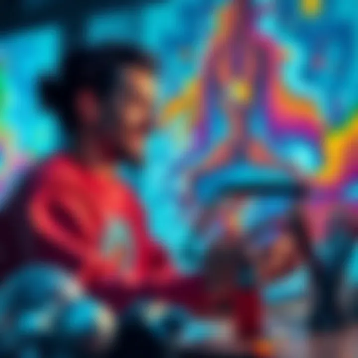A digital creator joyfully working on a colorful art piece on a tablet, surrounded by abstract digital designs