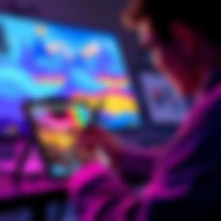 An artist working on a digital drawing using the Concepts app on a tablet, showcasing a colorful landscape