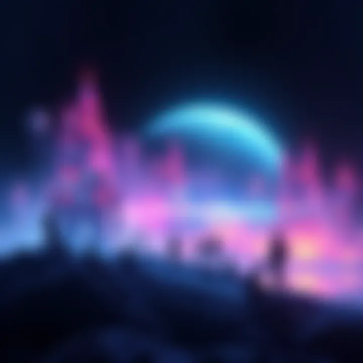 Digital Paradise Concept A futuristic scene showing a vibrant digital landscape with people enjoying life in a virtual world, contrasting with a simple Earth backdrop.