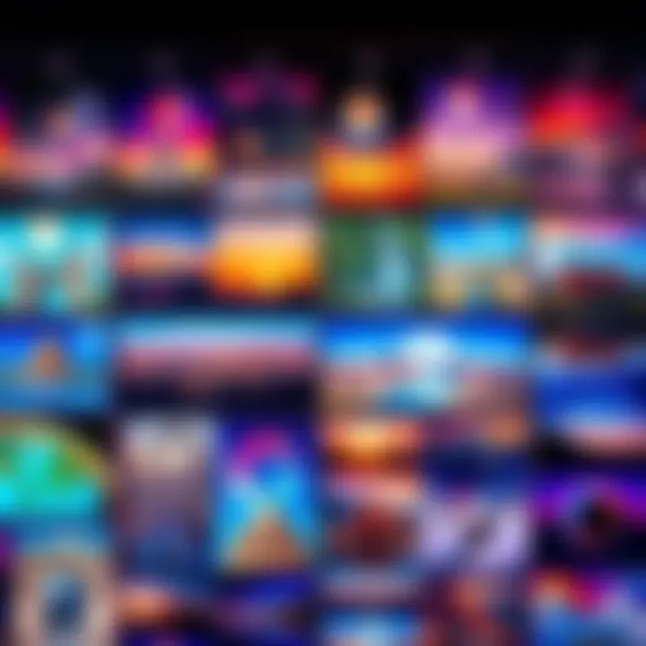 A colorful display of digital postcards representing various internet themes and locations, showcasing creative designs inspired by online spaces.