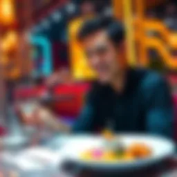 A diner smiles while enjoying a beautifully plated meal, with an AI-generated menu displayed nearby.