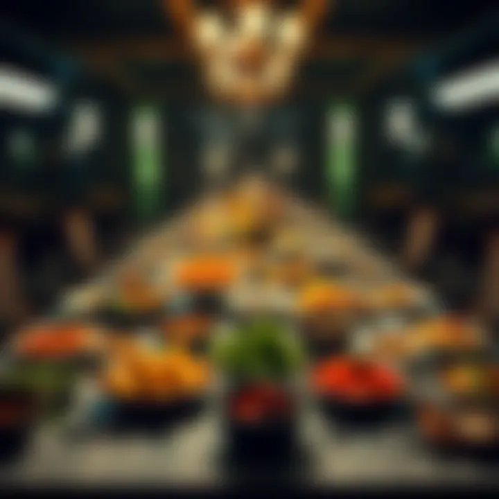 A dining table filled with a variety of dishes, showing a long meal experience with people waiting to eat.