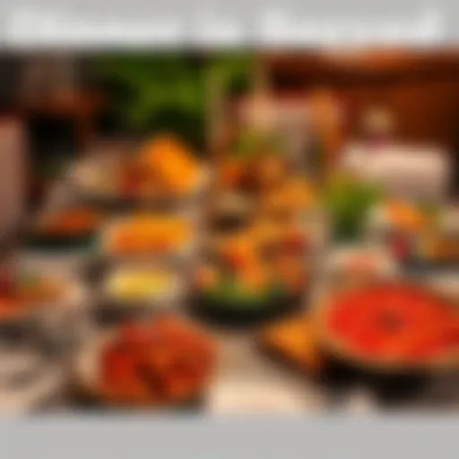 A beautifully arranged dinner table featuring a variety of colorful dishes and elegant tableware