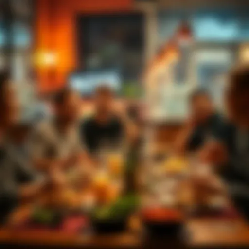 Group of friends enjoying dinner together, laughing and sharing stories at a table filled with food.