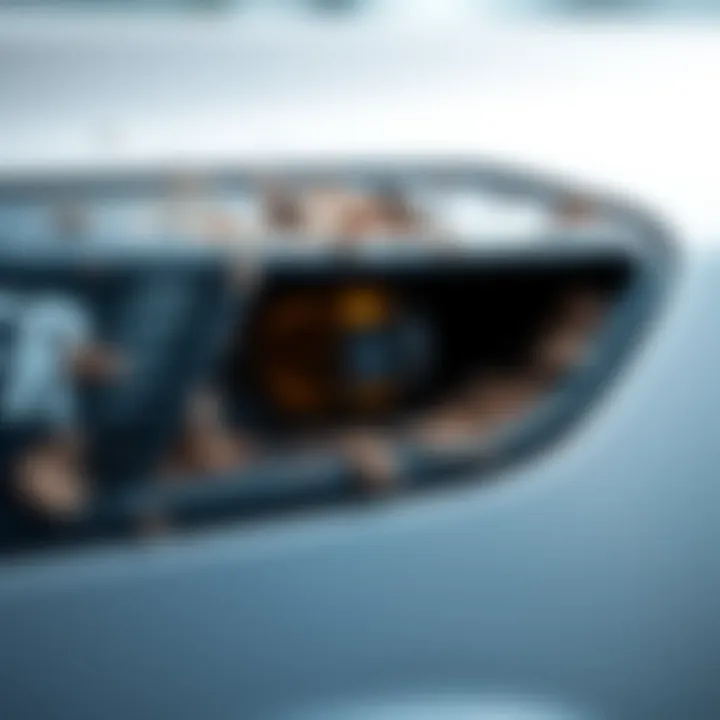 Close-up of a dirty parking sensor on a vehicle, highlighting the dirt that causes malfunction